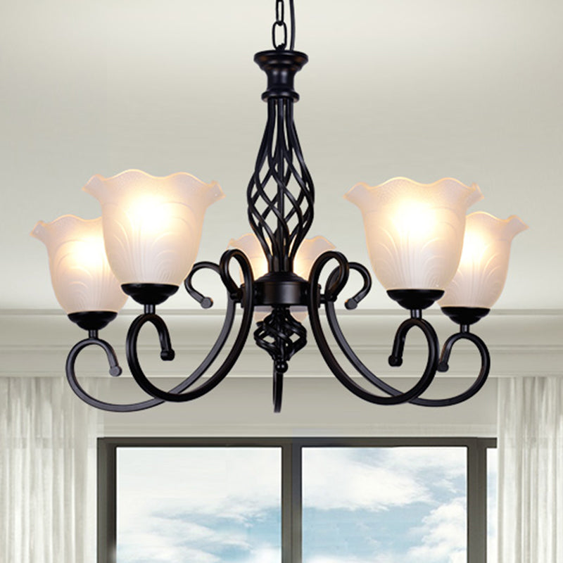 Ruffle Glass Floral Shade Chandelier For Classic Living Room Décor - Pendant Light With Scroll Arm