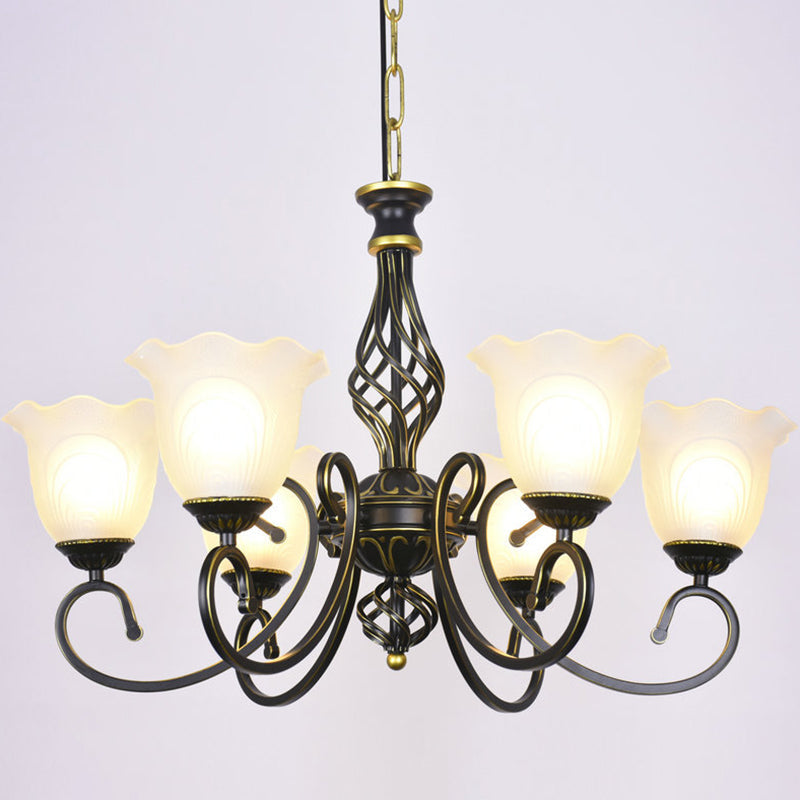 Ruffle Glass Floral Shade Chandelier For Classic Living Room Décor - Pendant Light With Scroll Arm