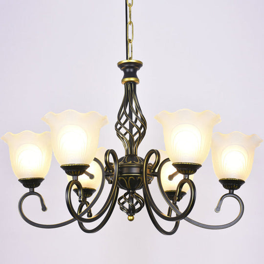 Ruffle Glass Floral Shade Chandelier For Classic Living Room Décor - Pendant Light With Scroll Arm 6
