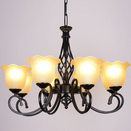 Ruffle Glass Floral Shade Chandelier For Classic Living Room Décor - Pendant Light With Scroll Arm 8