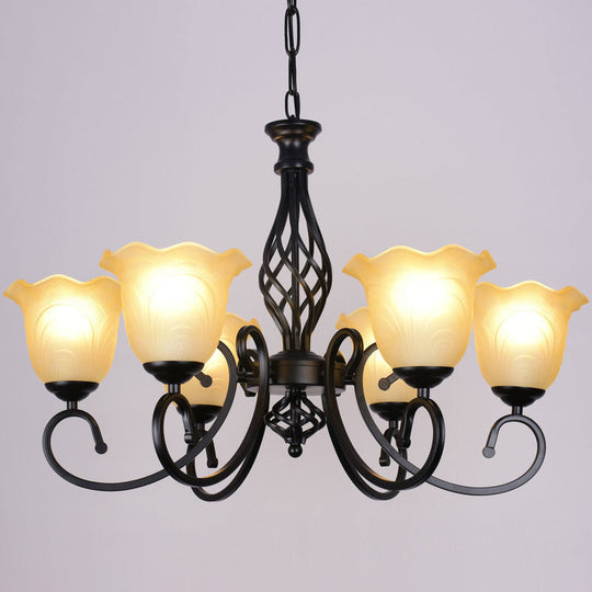 Ruffle Glass Floral Shade Chandelier For Classic Living Room Décor - Pendant Light With Scroll Arm
