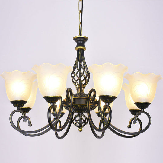 Ruffle Glass Floral Shade Chandelier For Classic Living Room Décor - Pendant Light With Scroll Arm