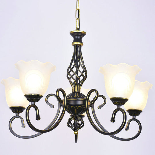 Ruffle Glass Floral Shade Chandelier For Classic Living Room Décor - Pendant Light With Scroll Arm