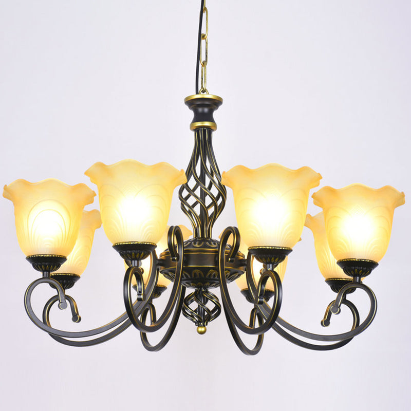 Ruffle Glass Floral Shade Chandelier For Classic Living Room Décor - Pendant Light With Scroll Arm 8