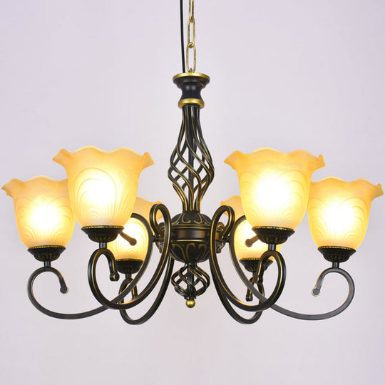 Ruffle Glass Floral Shade Chandelier For Classic Living Room Décor - Pendant Light With Scroll Arm