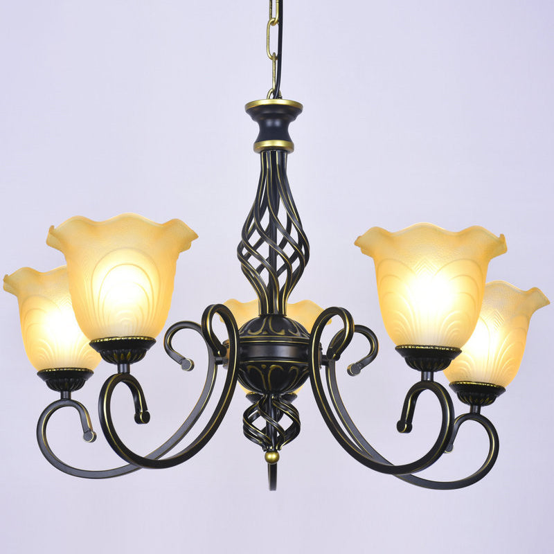 Ruffle Glass Floral Shade Chandelier For Classic Living Room Décor - Pendant Light With Scroll Arm