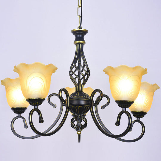 Ruffle Glass Floral Shade Chandelier For Classic Living Room Décor - Pendant Light With Scroll Arm