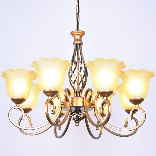 Ruffle Glass Floral Shade Chandelier For Classic Living Room Décor - Pendant Light With Scroll Arm