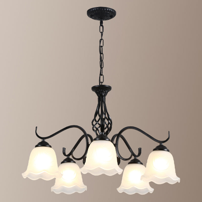 Vintage Bell Chandelier With Ruffle Glass Pendant Light Fixture For Dining Room