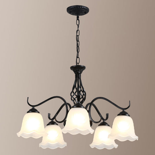 Vintage Bell Chandelier With Ruffle Glass Pendant Light Fixture For Dining Room