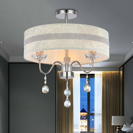 Modern Nordic Drum Fabric Chandelier Light with Crystal Drop for Bedroom - Chrome Finish