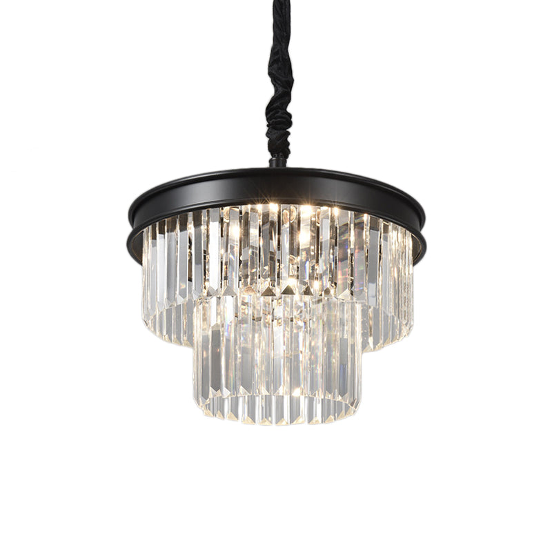 Postmodern Clear Crystal Glass Tiered Ceiling Chandelier Light, 9/12 Lights, Black, 16"/23" Wide