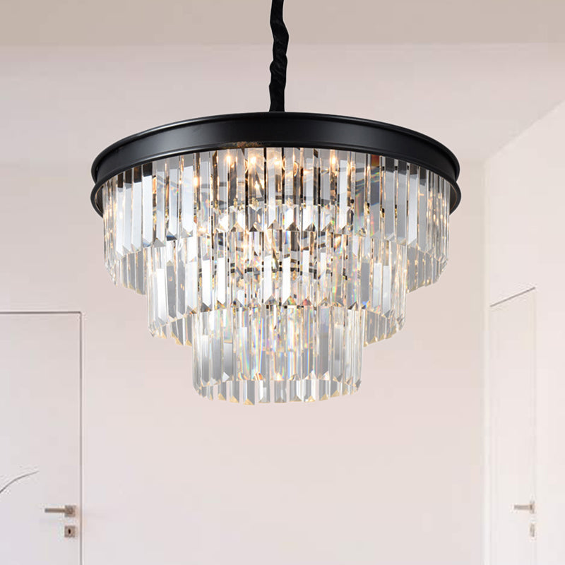 Postmodern Clear Crystal Glass Tiered Ceiling Chandelier Light, 9/12 Lights, Black, 16"/23" Wide