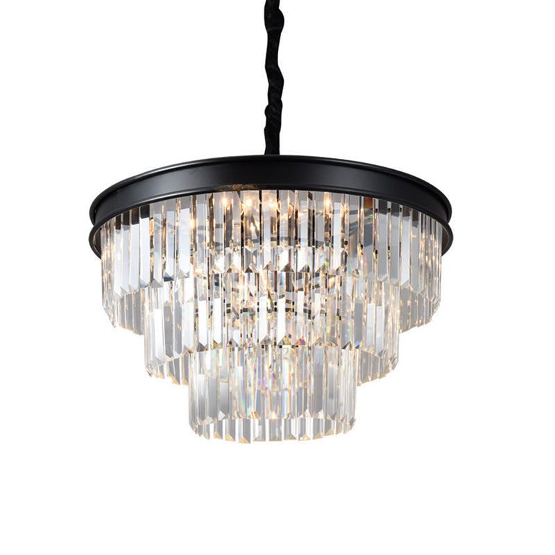 Postmodern Clear Crystal Glass Tiered Ceiling Chandelier Light, 9/12 Lights, Black, 16"/23" Wide