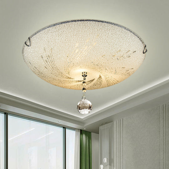 Modern Flush Mount Light with Frosted Glass and Crystal Drop - 3 Lights, White Ceiling Fixture