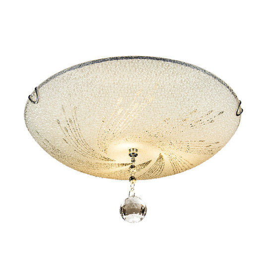 Modern Flush Mount Light with Frosted Glass and Crystal Drop - 3 Lights, White Ceiling Fixture