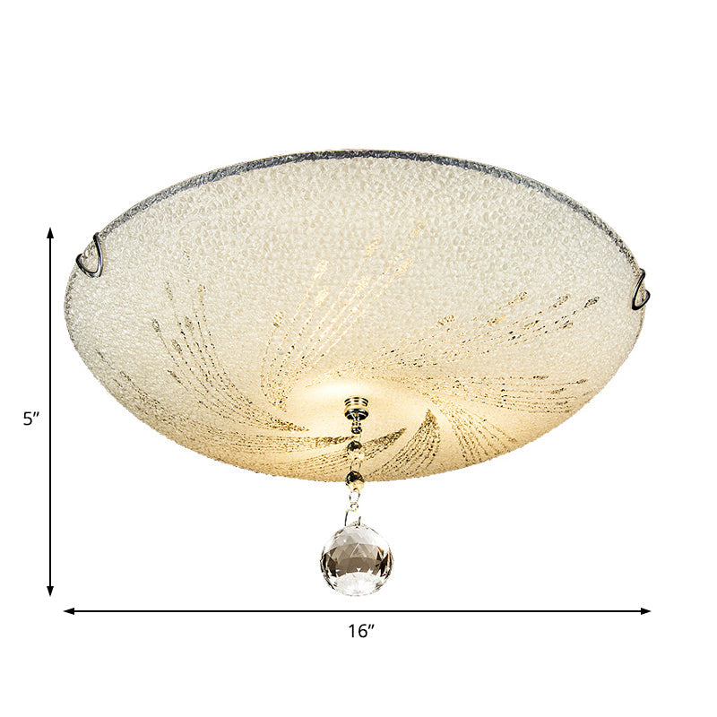Modern Flush Mount Light with Frosted Glass and Crystal Drop - 3 Lights, White Ceiling Fixture