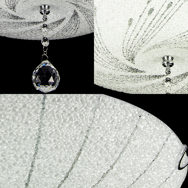 Modern Flush Mount Light with Frosted Glass and Crystal Drop - 3 Lights, White Ceiling Fixture