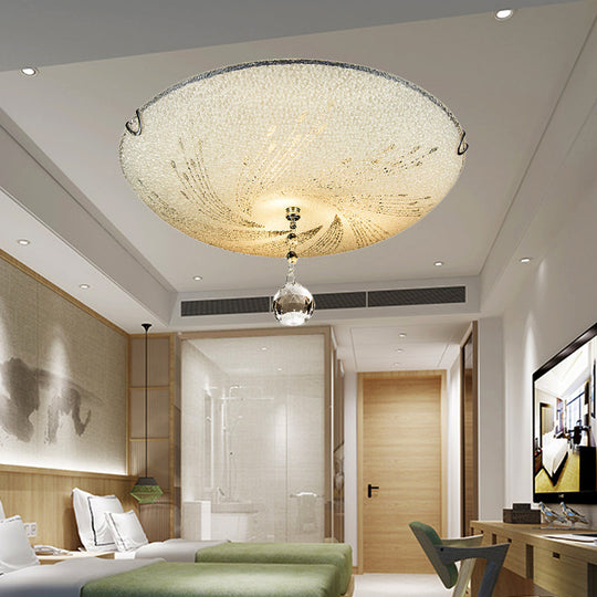 Modern Flush Mount Light with Frosted Glass and Crystal Drop - 3 Lights, White Ceiling Fixture