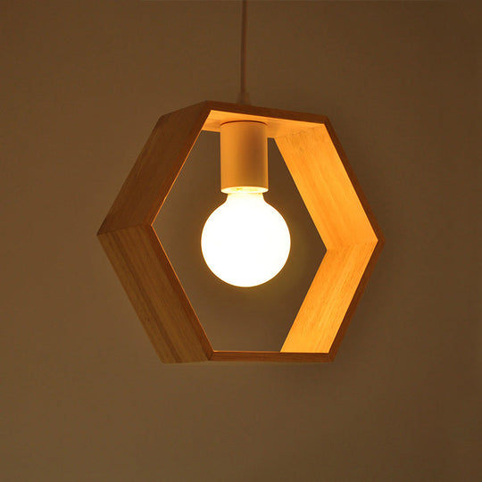 Modern Geometric Pendant Light with Wooden Frame - Single-Bulb Suspension Fixture