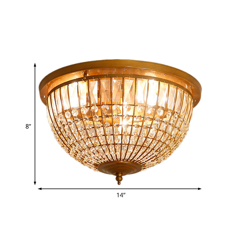 Modern Brass Flush Mount with Crystal Dome Shade - 3 Light Hallway Ceiling Fixture - 14"/18" Wide