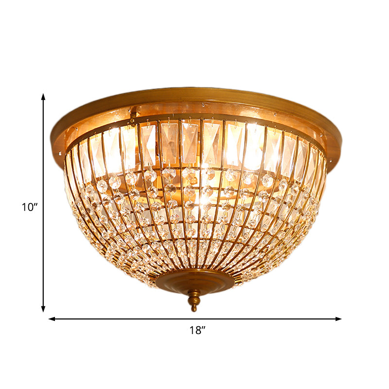 Modern Brass Flush Mount with Crystal Dome Shade - 3 Light Hallway Ceiling Fixture - 14"/18" Wide