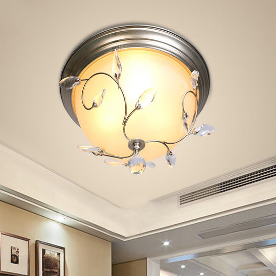 Contemporary 1-Light Ceiling Lamp with Frosted Glass Shade, Crystal Accents, and Nickel Dome Flush Fixture