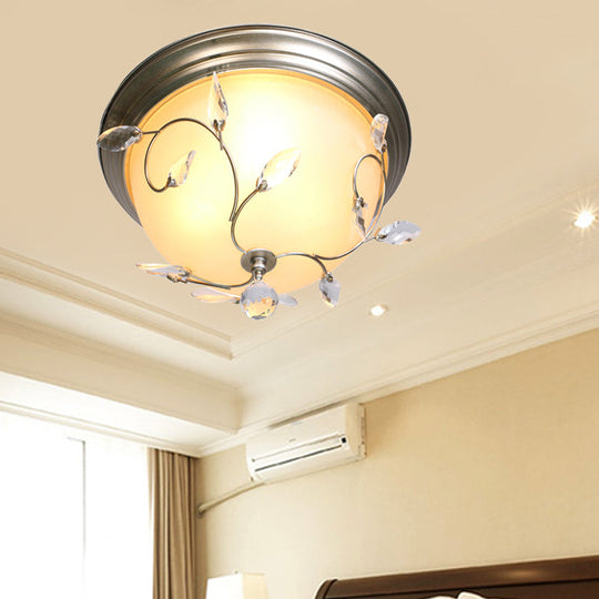 Contemporary 1-Light Ceiling Lamp with Frosted Glass Shade, Crystal Accents, and Nickel Dome Flush Fixture