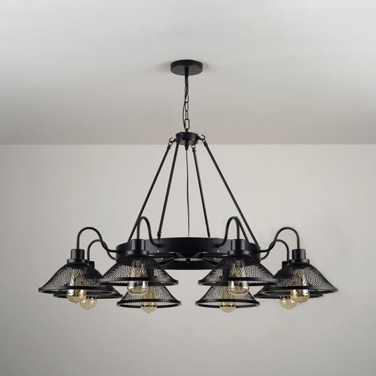 Industrial Black Wire Mesh Chandelier - 6/8-Light Flared Ceiling Light for Restaurant