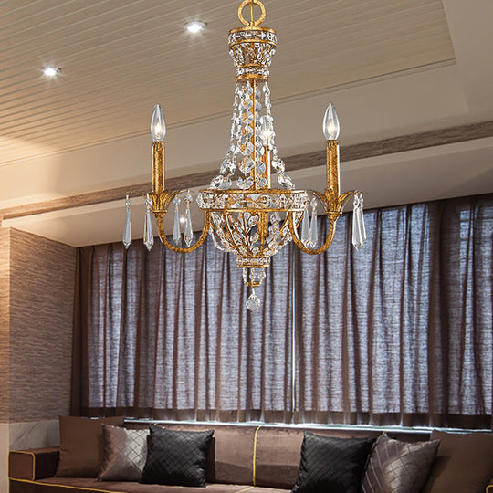 Gold Retro Pyramid Chandelier with Crystal Accents - 3 Heads - Hanging Suspension Light for Living Room