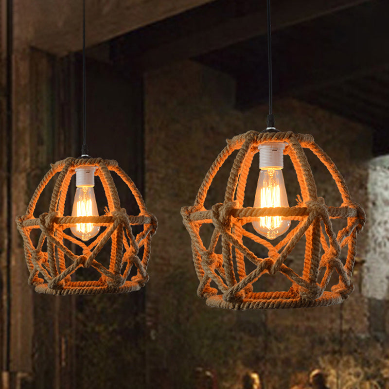 Suspension Globe Cage en corde de chanvre - Finition marron antique, luminaire à 1 lampe pour restaurants
