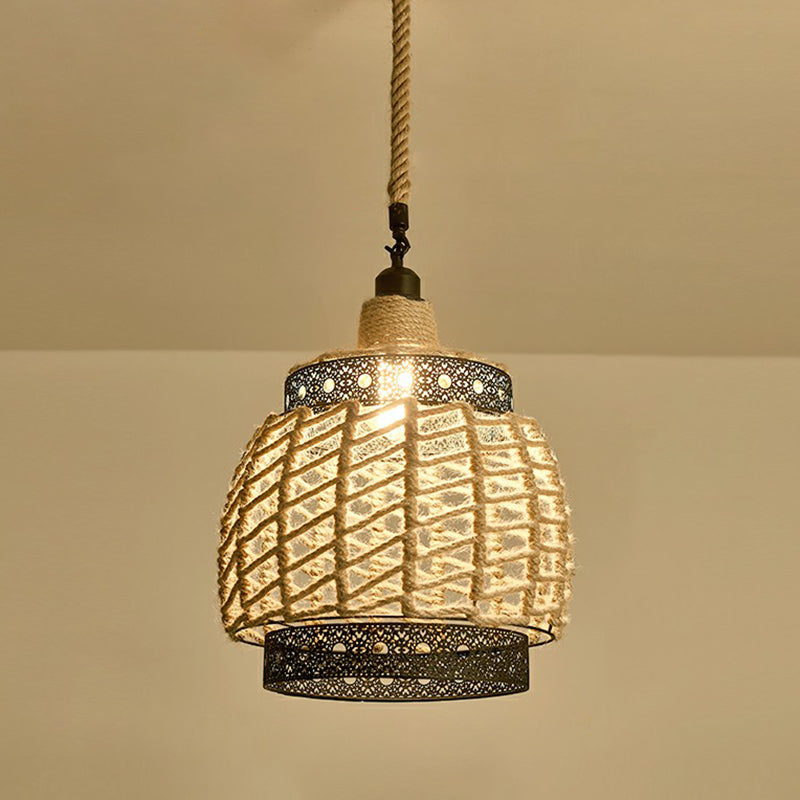 Hemp Rope Pendant Light - Antique 1-Light Fixture In Brown For Restaurants
