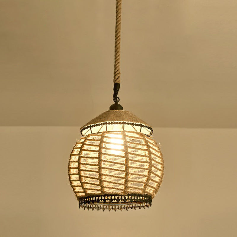 Hemp Rope Pendant Light - Antique 1-Light Fixture In Brown For Restaurants / L