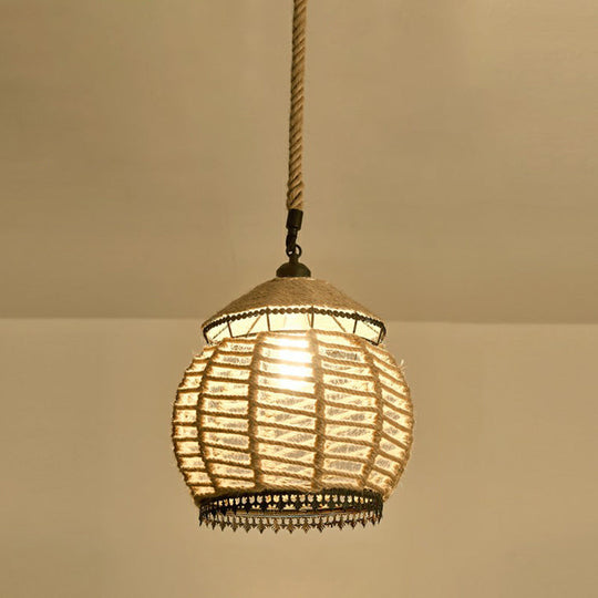 Hemp Rope Pendant Light - Antique 1-Light Fixture In Brown For Restaurants / L