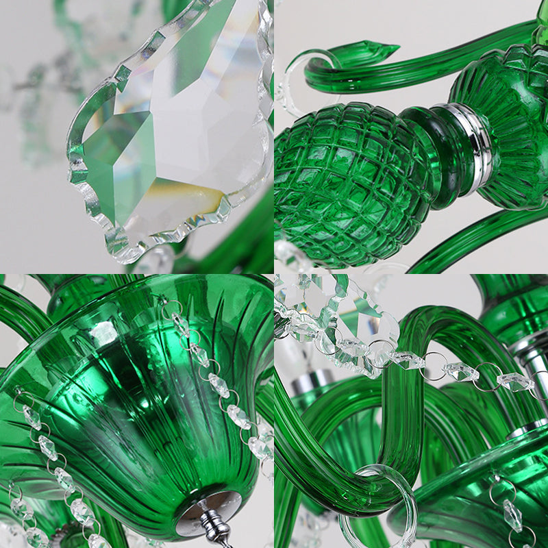 Retro Green Pendant Chandelier With Crystal Shade - 6 Heads For Living Room