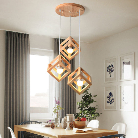 Minimalist Geometric Wood Ceiling Light With 3 Bulbs For Dining Rooms / Square Plate Round