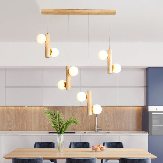 Modern Cream Glass Dining Room Pendant Light With Multiple Wood Suspension