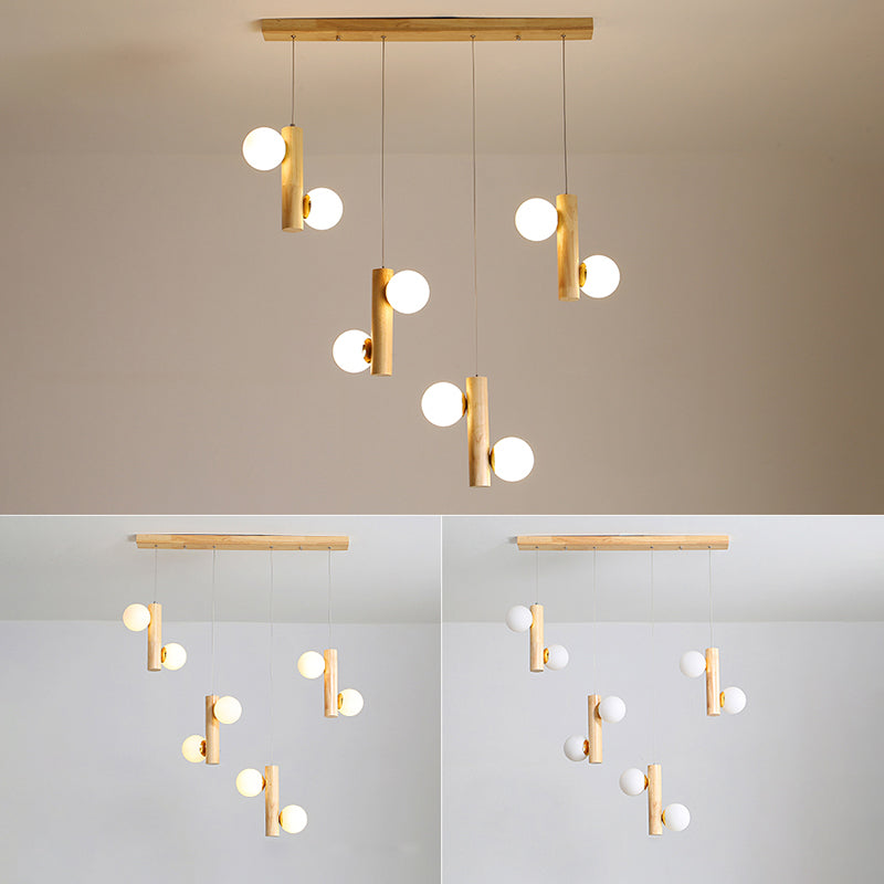 Modern Cream Glass Dining Room Pendant Light With Multiple Wood Suspension