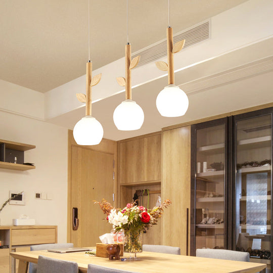Modern Wood Pendant Light with Globe Cream Glass Shade - Branch Multi-Light, 3 Bulbs - Ideal for Restaurants