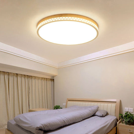 Contemporary Wood LED Flush Ceiling Light for Bedrooms - White