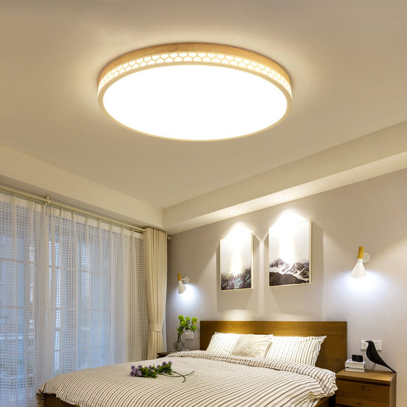 Contemporary Wood LED Flush Ceiling Light for Bedrooms - White