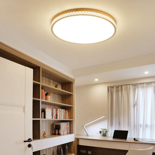 Contemporary Wood LED Flush Ceiling Light for Bedrooms - White