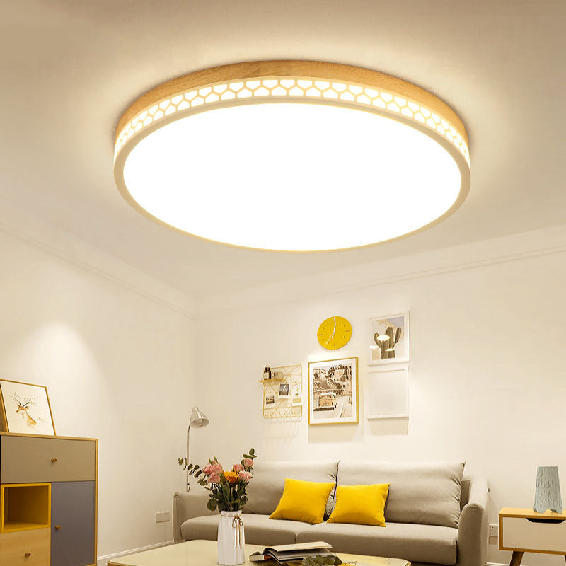 Contemporary Wood LED Flush Ceiling Light for Bedrooms - White