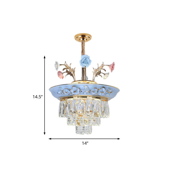 3-Tier Crystal Pendant Chandelier with LED, Radiant White/Blue Light, Metal Flowers, 12"/14" Wide
