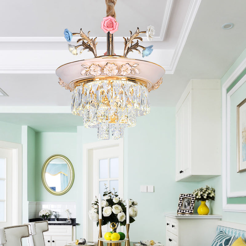 3-Tier Crystal Pendant Chandelier with LED, Radiant White/Blue Light, Metal Flowers, 12"/14" Wide