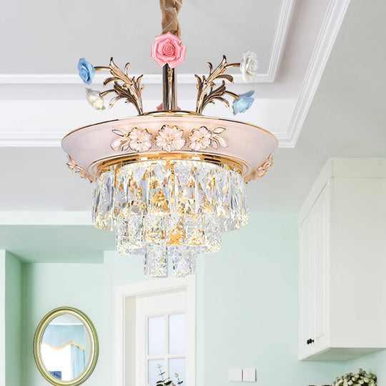 3-Tier Crystal Pendant Chandelier with LED, Radiant White/Blue Light, Metal Flowers, 12"/14" Wide