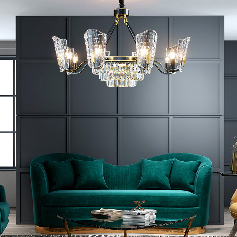 Modern Crystal Shield Ceiling Chandelier - 4/6/8 Lights - Black Hanging Light Kit