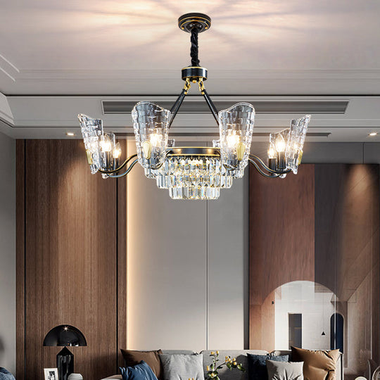 Modern Crystal Shield Ceiling Chandelier - 4/6/8 Lights - Black Hanging Light Kit