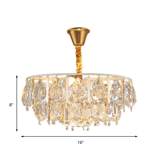 Contemporary Round Teardrop Crystal Hanging Light Kit: 3/4 Lights Gold Chandelier, 16"/19.5" Wide