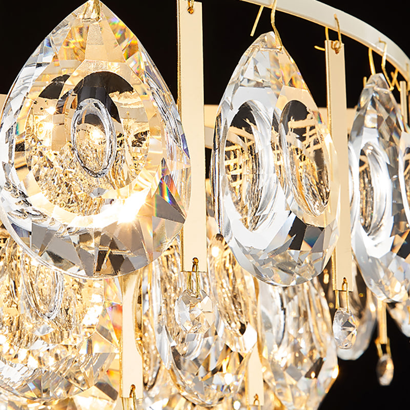 Contemporary Round Teardrop Crystal Hanging Light Kit: 3/4 Lights Gold Chandelier, 16"/19.5" Wide